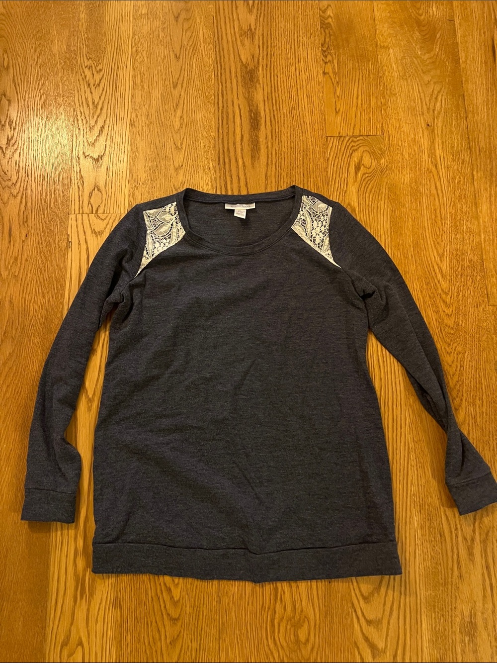 Motherhood Maternity Dark Blue Long-Sleeve Sweatshirt with Cream Lace Shoulders